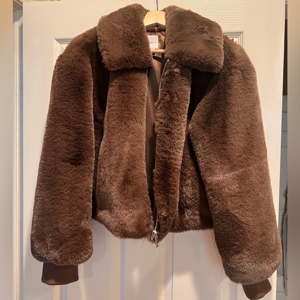 Maeve Cropped Brown Faux Fur Jacket from Anthropologie